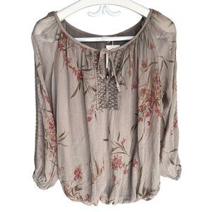 NWT AMBRA Made In Italy Silk Top Long Sleeve Floral Lace Gray Fango Womens Large